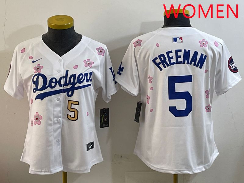 Women Los Angeles Dodgers 5 Freeman White Sakura Edition 2025 Nike MLB Jersey style 7